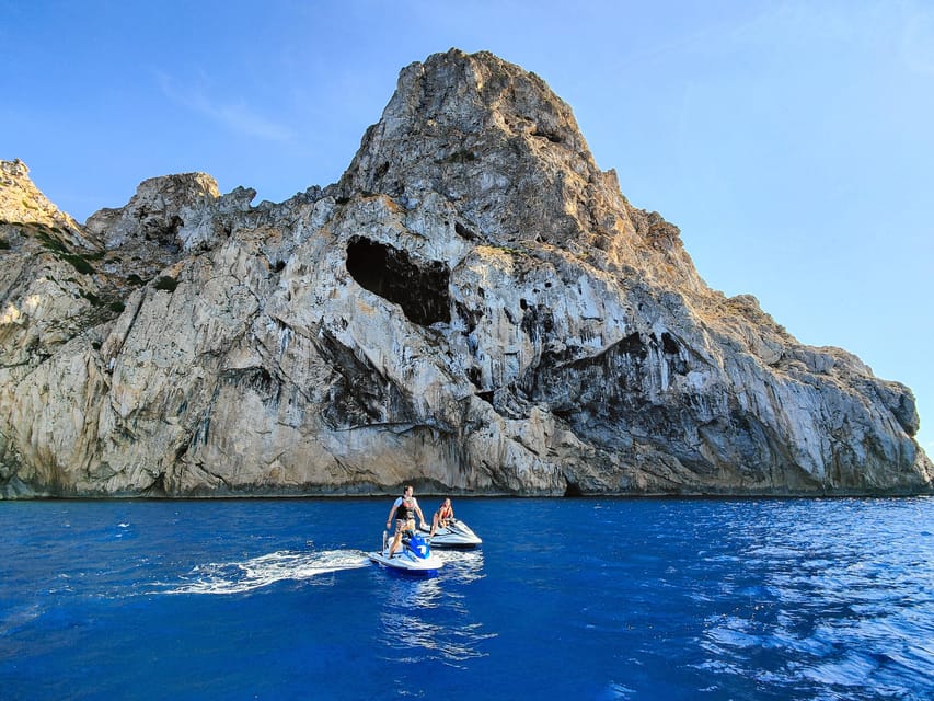 Jet Ski Tour to Es Vedra from San Antonio No license needed - The San Antonio Bay Start: Boat Transfer + Guided Riding Blocks